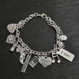 Teacher themed charm bracelet with books, coffee, crayons & inspirational charms